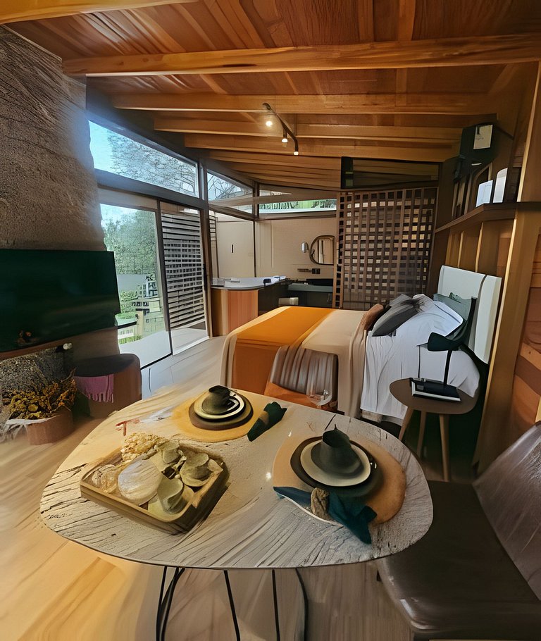 Cabana Romântica Maranta c Ofurô e Lareira externa