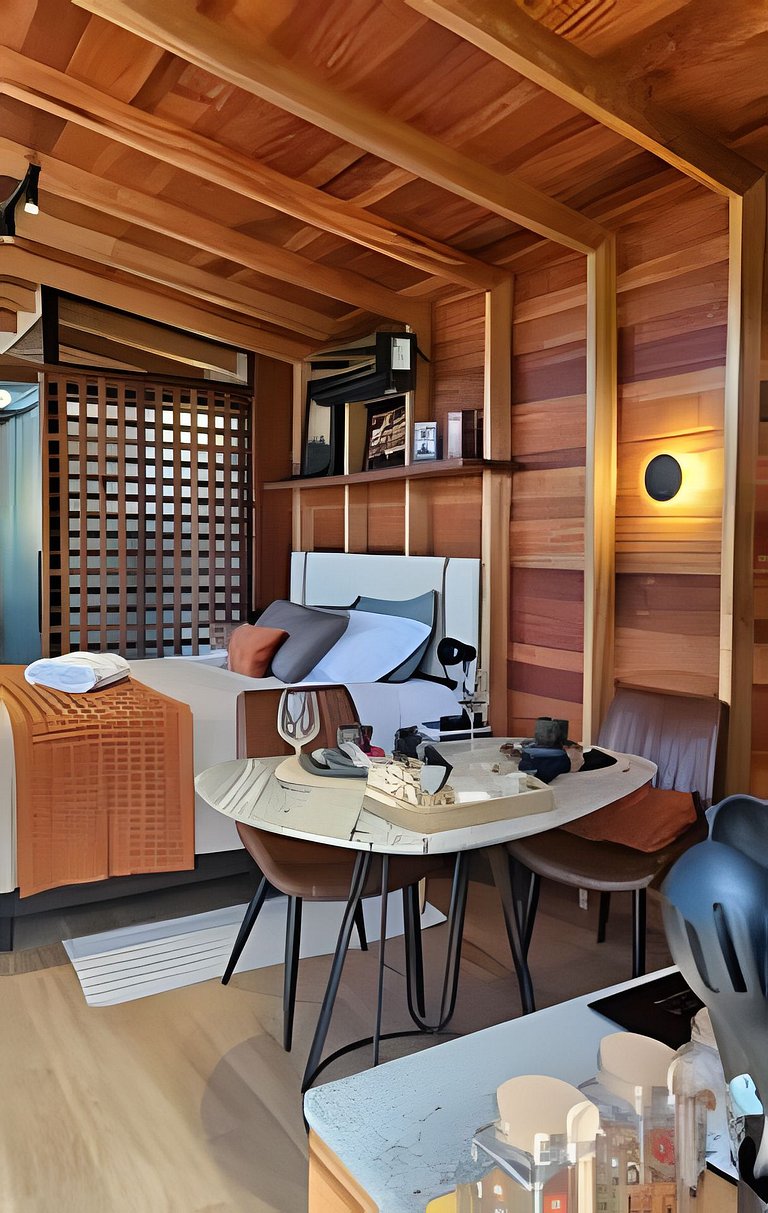 Cabana Romântica Maranta c Ofurô e Lareira externa