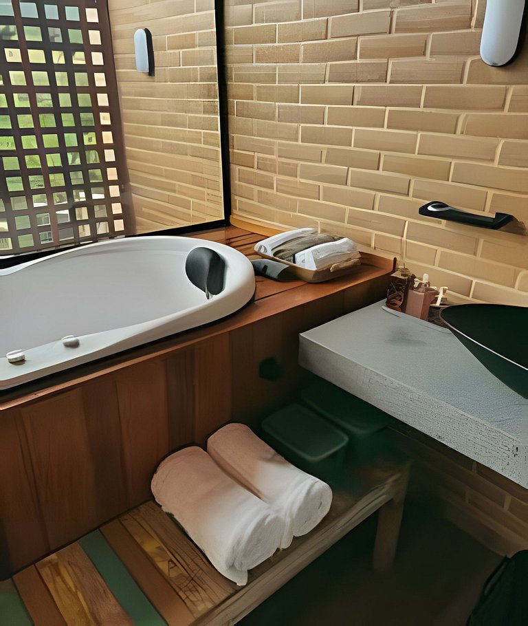 Cabana Romântica Maranta c Ofurô e Lareira externa