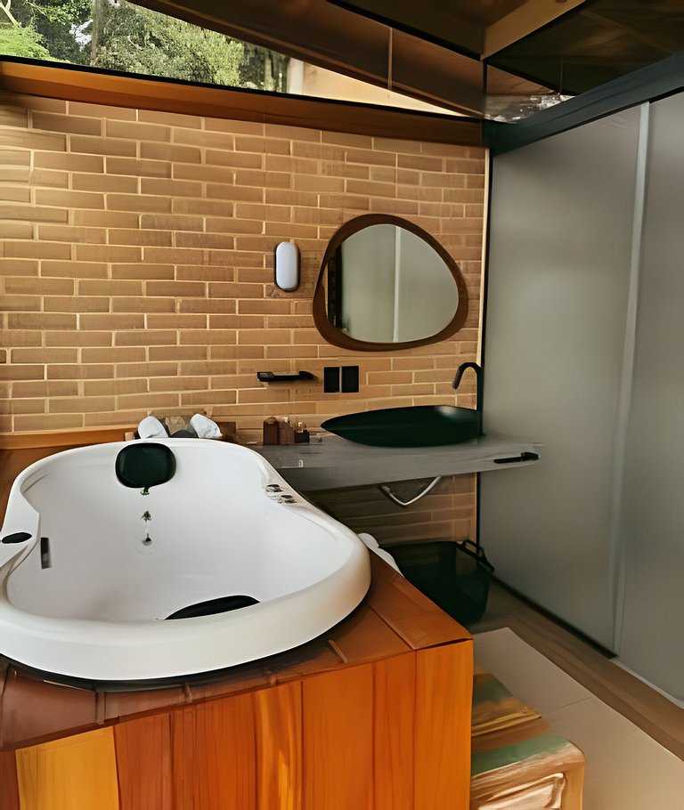 Cabana Romântica Maranta c Ofurô e Lareira externa