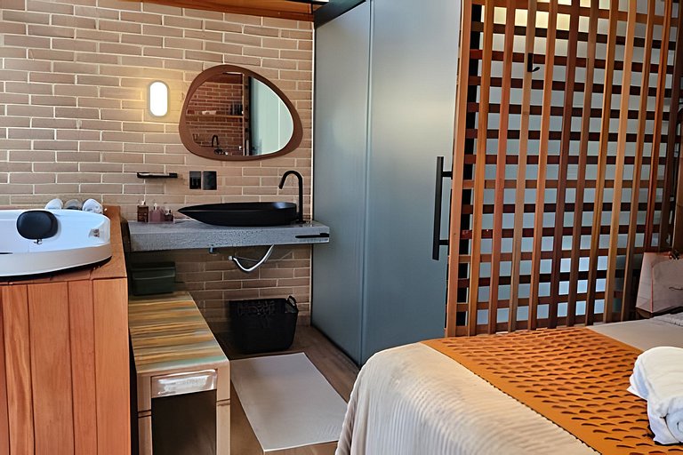 Cabana Romântica Maranta c Ofurô e Lareira externa