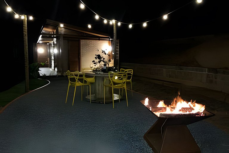 Cabana Romântica Maranta c Ofurô e Lareira externa