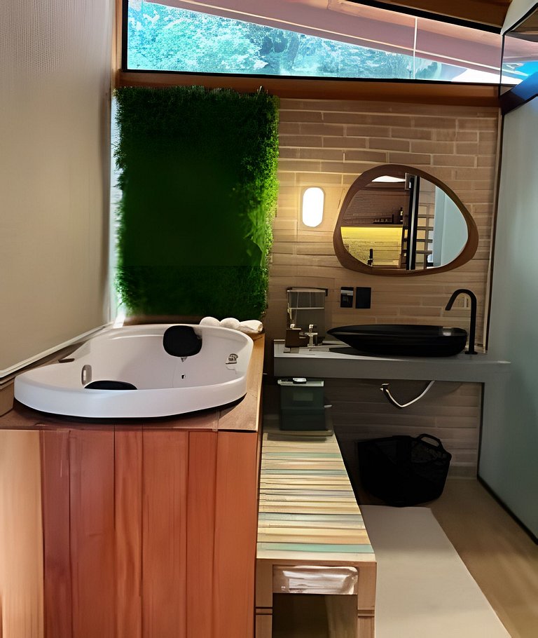 Cabana Romântica Maranta c Ofurô e Lareira externa