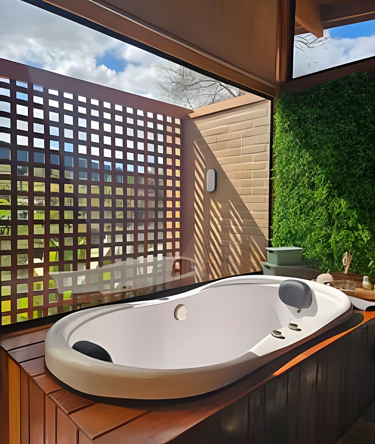 Cabana Romântica Maranta c Ofurô e Lareira externa